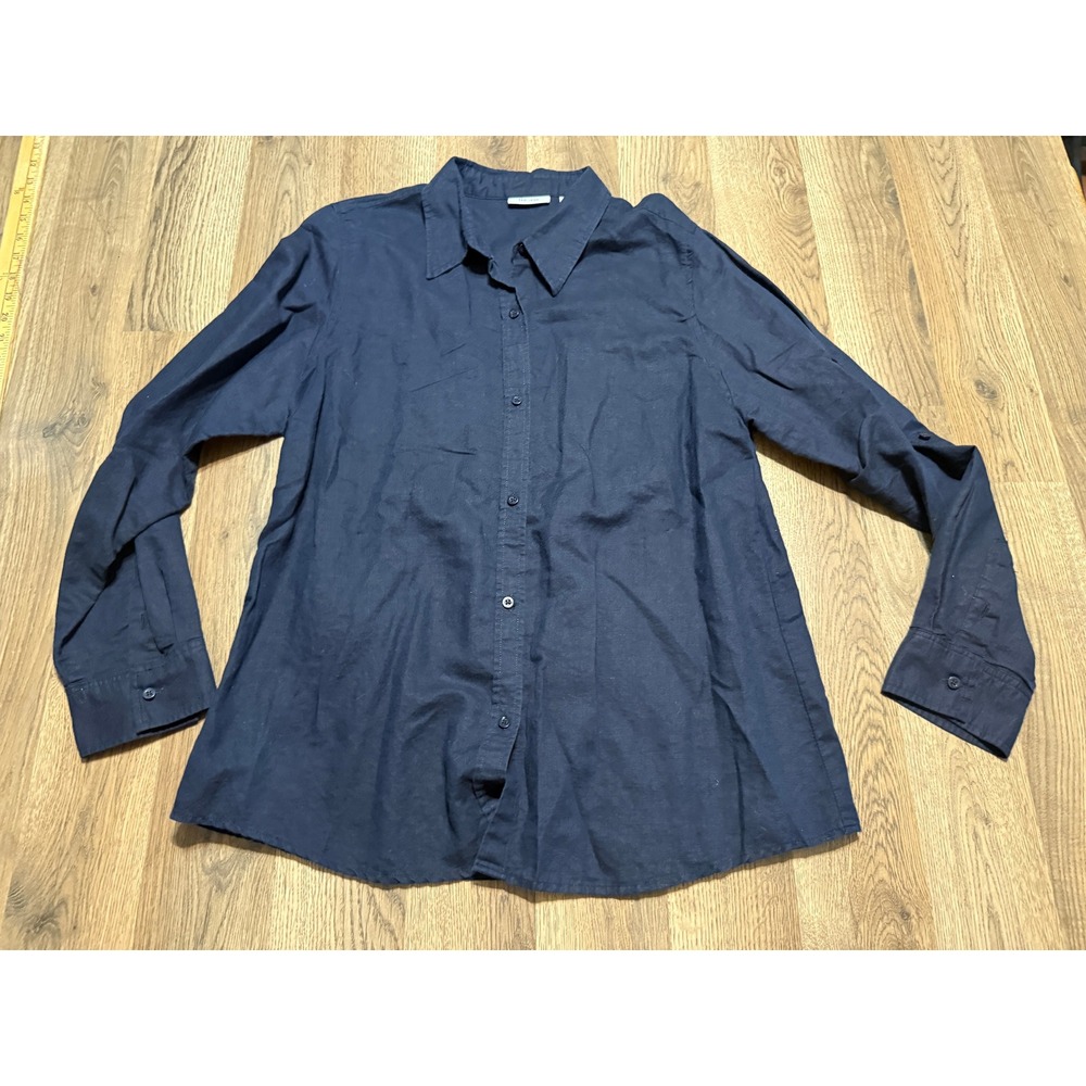 Liz & Co. Shirt Women Size XL Navy Blue Button Up Linen Blend Long Sleeve